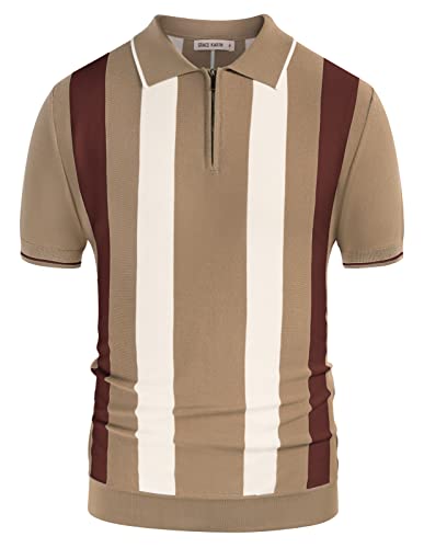 Men's Short Sleeve Knit Shirt Vintage Stripe Lapel Collar High Stretchy Soft Polo Shirt XL Khaki