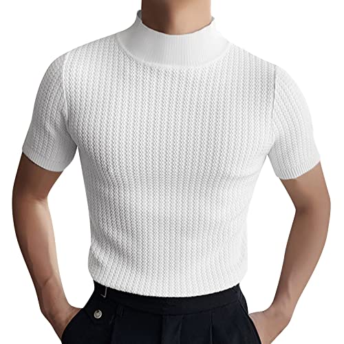 Male Summer Solid T Shirt Blouse High Collar Turtleneck Short Sleeve Tops T Shirt Mens Colored Undershirts
