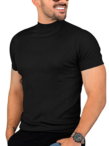 Mens Casual Slim Fit Basic Tops Short Sleeve Shirt Turtleneck T Shirts Rib Knitted Stretch Pullover Sweater