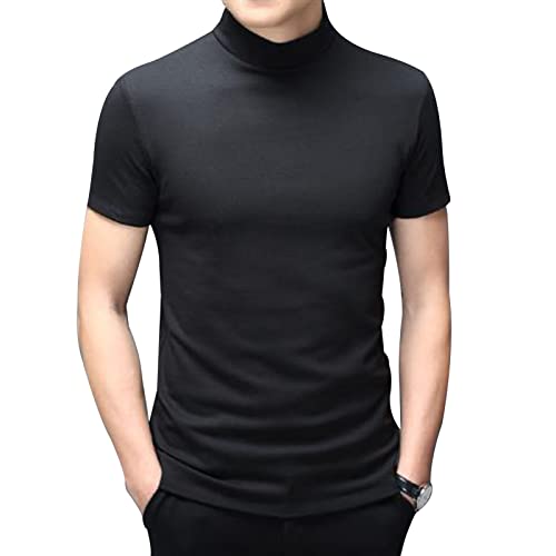Mens Short Sleeve Basic Tops Mock Turtleneck Casual Pullover T-Shirt Slim Fit Solid Undershirt Black