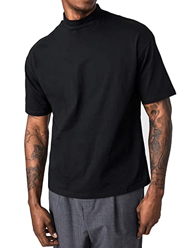 KINGBEGA Men's Regular Fit Basic Lightweight Long Sleeve Pullover Shirt Mock Turtleneck, Black Short Sleeve, Medium