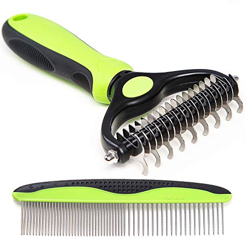 Rexipets Pet Dematting Grooming Set- 2 Sided Undercoat Rake + Grooming Comb For Dogs And Pets- Safe And Easy Mats & Tangles Removing