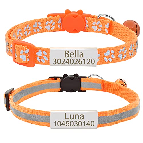 Personalized 2 Pack Reflective Cat Collar,Custom Breakaway Cat Collars with Name Tag and Bell,Anti-Lost Nameplate Cat Collar for Girls & Boys(Orange,fit 8''-11.0'')