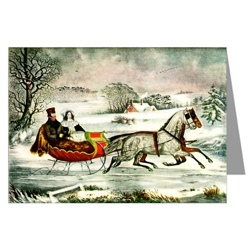 12 Currier and Ives Christmas Holiday notecards of Nathan.Currier and Wife Laura on a Sleigh Ride for the Holidays -1853 in a Boxed Set