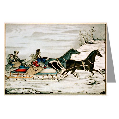 Currier and Ives Christmas The Sleigh Race 1848, Winter Greeting Card Set