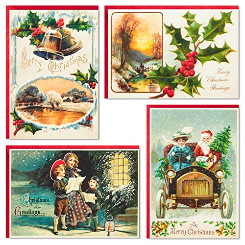 Hallmark Boxed Christmas Cards Assortment (4 Vintage Card Designs and Archival Book Organizer Box)