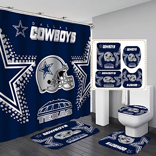 Namdeva 4PCS Sports Shower Curtain Set, American Football Helmet Stadium Grey Dots White Quotes Navy Blue Texas Star Touchdown Man Cave Bathroom Decor, Non-Slip Bath Mat, Gifts for Men Teenage Boys