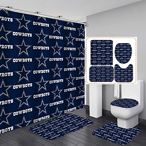 Camille&Andrew 4PCS/Set Navy Blue White Texas Star Shower Curtain, American Sports Athlete Football Bathroom Decor, Waterproof Fabric Bath Curtain Non-slip Bathroom Mat Toilet Carpet Bath Rug, Style 1