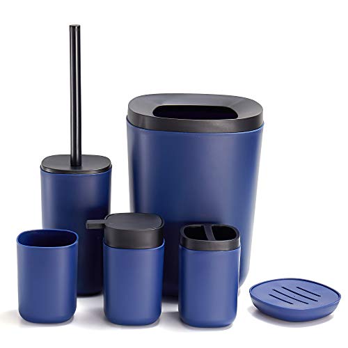 GERUIKE Bathroom Accessories Set 6 Piece Plastic Includes Soap Dispenser,Trash Can,Soap Dish,Toilet Brush Holder,Toothbrush Holder,Toothbrush Cup for Bathroom,Dark Blue