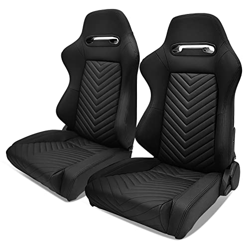 IKON MOTORSPORTS, Universal Racing Seats with Dual Sliders, Reclinable Black PU Leather Sport Bucket Seats, 1 Pair Driver + Passenger Side, (Flat Style)