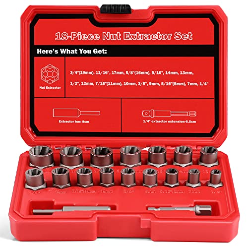 UYECOVE 18 Pcs Spiral Bolt Extractor Set, 3/8'' Drive Easy Out Bolt Extractor Set, Stripped Bolt Remover Nut Extractor Set Broken Bolt Extractor Kit for Damaged, Frozen, Rusted Lug Nuts, Screws