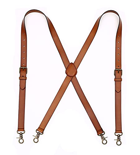 PAHVRION Mens Suspenders X Back Design Leather Suspenders Adjustable Brown Braces Groomsmen Gift for Wedding