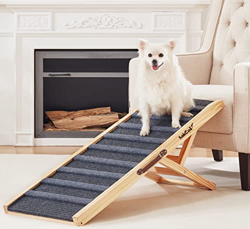 Sakgos Dog Ramp for Bed, Adjustable Pet Ramp for Couch, Dog Ramp for High Bed, Wooden Folding Portable Dog Cat Bed Ramp for Bed and Car, Non Slip Carpet Surface 5 Levels, Natural Wooden, 250lbs