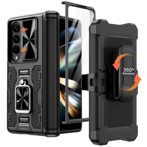 Caka for Z Fold 4 Case, Galaxy Z Fold 4 Case with Kickstand & Belt-Clip Holster Camera Cover with Built-in 360Rotate Ring Stand Magnetic Case for Samsung Galaxy Z Fold 4 -Black