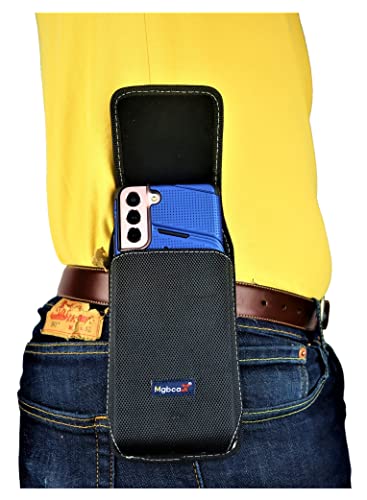 Mgbca Nylon Cell Phone Holster Pouch for Samsung Galaxy Z Fold 4/3 / 2 / S21+ Plus Rugged W/Fixed Belt Loop Clip Holder, Magnetic Closure, Fits with Slim-Fit Case On Mobile Phone (Black-Vertical)