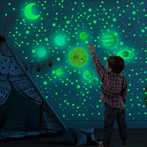 Glow in The Dark Stars and Moon Decals, 525Pcs Wall Stickers-Realistic Stars and Bright Solar System Shining Decoration, Glowing in The Dark Ceiling Stars for Kids, Girls, Boys Bedroom Wall Decors