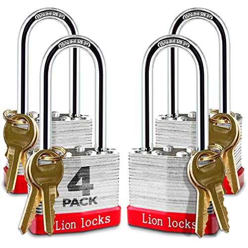Lion Locks 4 Keyed-Alike Padlocks w/ 2 Long Shackle, 8 Keys, Hardened Steel Pad Lock, Pick Resistant Brass Pin Cylinder (Pack of 4)