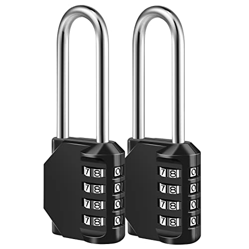 Combination Lock, 4 Digit Combination Padlock for School Gym Sports Locker, Fence, Toolbox, Case, Hasp Cabinet Storage (Long Shackle, 2 Pack, Black)