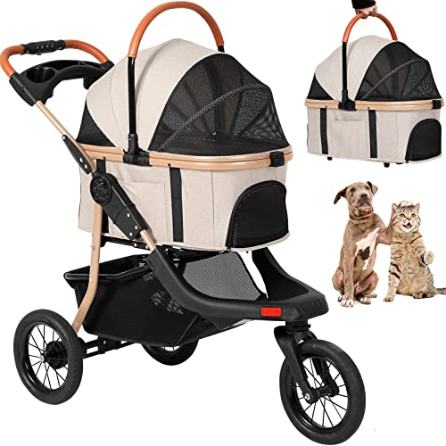 3-in-1 3 Wheels Large Dog Stroller Up to 80 lb for Multiple Medium Small Dogs Cats, Pet Cage Jogger Stroller with Portable Seat, Waterproof Folding Carrier Trolley, Foldable Pet Travel System, Beige