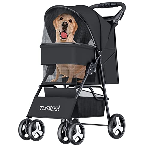 Pet Stroller - Cat Dog Strollers Easy to Walk Folding Travel Carrier Cart, for Medium Small Dogs Lightweight Animal Puppy Stroller with Skylight, Storage Basket, Cup Holder Storage Tray (Black)