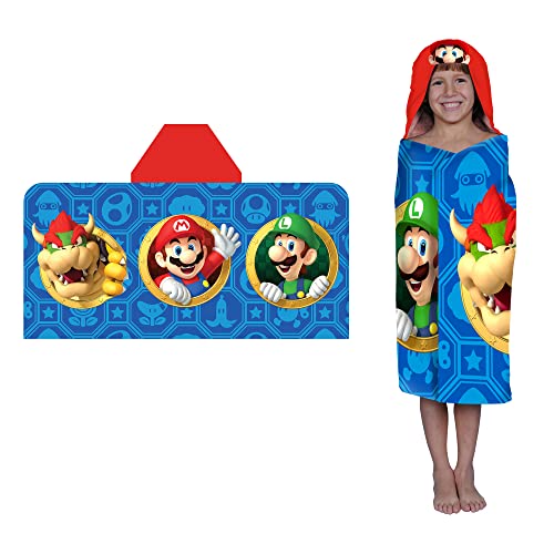 Franco Super Mario Kids Bath/Pool/Beach Soft Cotton Terry Hooded Towel Wrap and loofah Set, 24 in x 50 in (Official Nickelodeon Product)