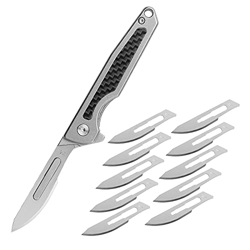 ITOKEY Titanium Folding Scalpel, Slim Razor Knife with Frame Lock, 10pcs #24 Replaceable Carbon Steel Blades, Pocket Clip, EDC Utility Knife, Surgical Keychain Knives for Men, Hunting Skinning Outdoor (#24)