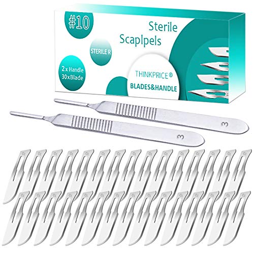 30 Pieces Scalpel Sterile Blades #10 with 2 Pack #3 Metal Scalpel Knife Handle & Storage Case, for Biology Lab Anatomy, Practicing Cutting, Medical Student, Sculpting, Repairing, Crafts, Leather