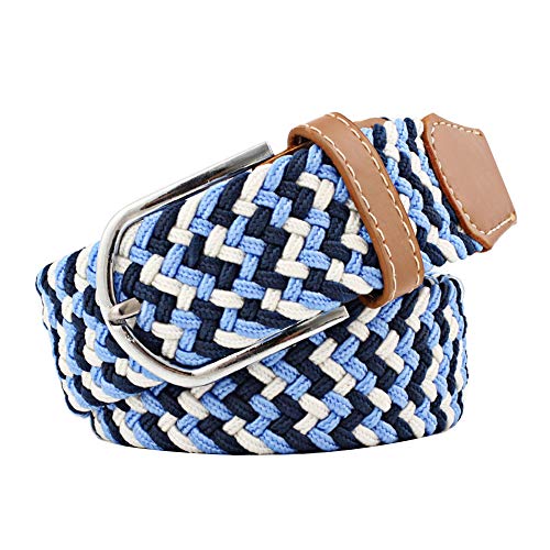 Huyfhksd Mixed Color Woven Stretch Braided Belts for Men and Women Fashion Elastic Belts, S, Navy Blue White