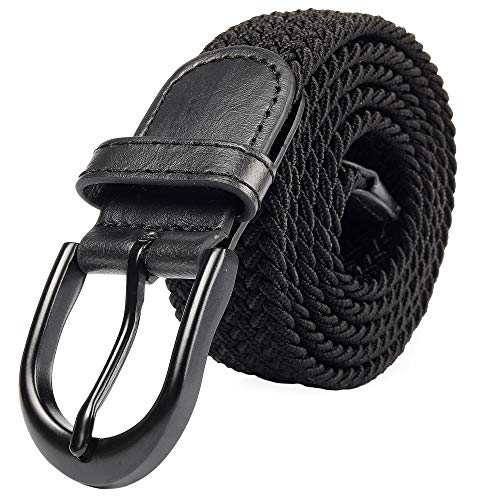 Mile High Life | Braided Stretch Elastic Belts | Pin Oval Solid Black Belt Buckle | PU Loop End Tip Men/Women/Junior(Black, X-Large 40"-42" (47" Length))