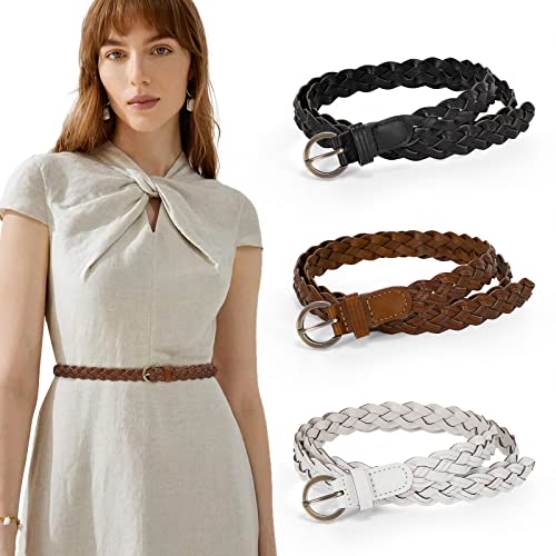 SUOSDEY 3 Pack Skinny Braided Leather Belts for Women, Thin Woven Waist Belts for Jeans Dresses,black brown white belts