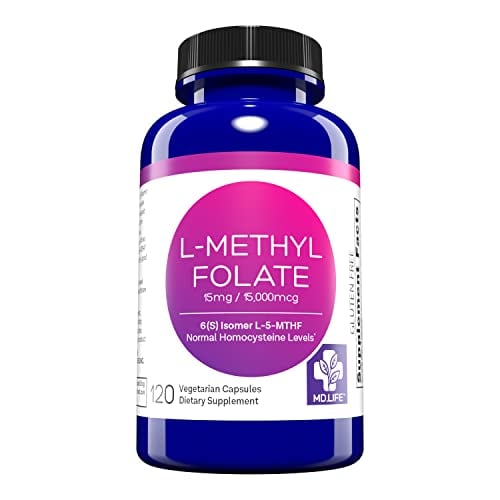 MD. Life L-Methylfolate 15 mg - Active Folate 5 Mthfr Support Supplement Professional Strength Methyl Folate - Essential Amino Acids & Brain Supplement- 120 Vegan Capsules