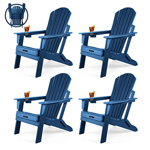 FUNBERRY Folding Adirondack Chair Set of 4, Fire Pit Chairs, Plastic Adirondack Chairs Weather Resistant with Cup Holder, Composite Adirondack Chairs