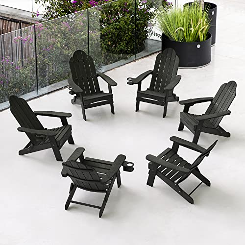 LUE BONA Folding Adirondack Chair Set of 6, Black Poly Fire Pit Adirondack Chairs Weather Resistant, Modern Plastic Adirondack Patio Chairs with Cup Holder, 320LBS, Outdoor Chairs for Pool Porch Beach