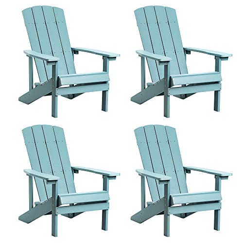 Adirondack Chairs Set of 4, All Weather Modern Fire Pit Chair with Real-like Wood Grain and Wide Armrest, Plastic Adirondack Outdoor Chair with Deep Seating and Reclined High Back, 350 lbs, Blue