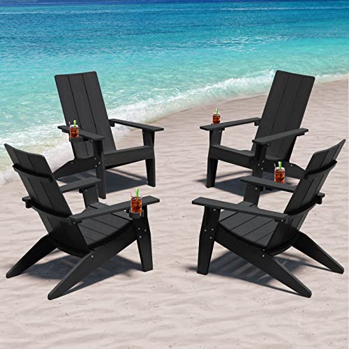 MXIMU Modern Adirondack Chairs Set of 4 Weather Resistant with Cup Holder Oversize Plastic Fire Pit Chairs Plastic Outdoor Chairs for Firepit Area Seating (Black)