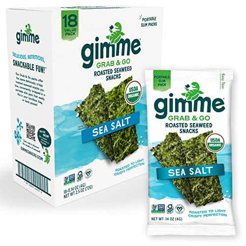 gimMe Organic Roasted Seaweed Sheets Sea Salt Keto Vegan Gluten Free Great Source of Iodine and Omega 3s Healthy OnTheGo Snack for Kids Adults, 18 Count Trayless