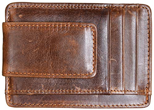 HOPSOOKEN Money Clip RFID Front Pocket Wallet Men Leather Slim Minimalist Wallet (Brown with ID Window (Crazy Hourse Leather))