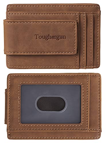 Toughergun Genuine Leather Magnetic Front Pocket Money Clip Wallet RFID Blocking(Deep Brown)