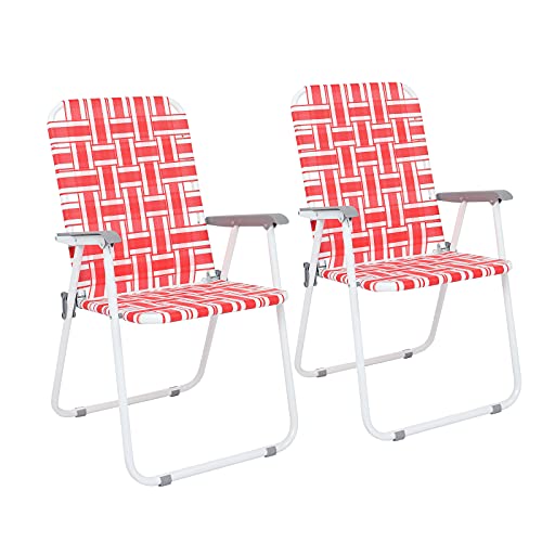 VINGLI Patio Lawn Chairs Folding Set of 2, Webbed Folding Chair Outdoor Beach Chair Portable Camping Chair for Yard, Garden(Red)