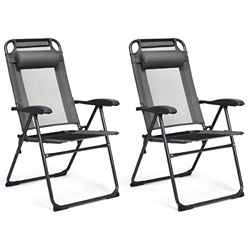 Giantex Set of 2 Patio Dining Chairs, Folding Lounge Chairs with 7 Level Adjustable Backrest, Headrest, 300 Lbs Capacity, Outdoor Portable Chairs with Metal Frame (2, Gray)