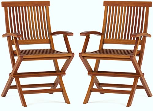 TeakCraft Teak Folding Arm Chair - 2 Piece Foldable Chairs Set - Fully Assembled - Solid Wooden Outdoor, Indoor- Wood Dining Room, Kitchen, Patio, Bistro Chairs, The Mille