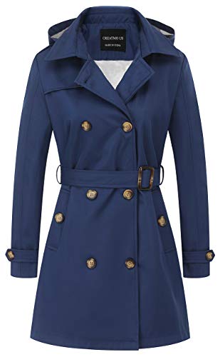 CREATMO US Women's Overcoat Soft Shell Trench Coat Water Resistant with Detachable Hood Navy S