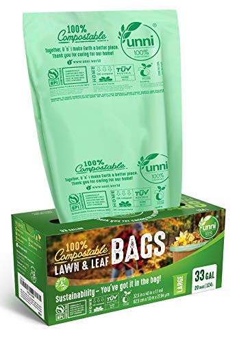 UNNI 100% Compostable Bags, 30-33 Gallon, 124 Liter, 20 Count, Extra Thick 1.1 Mils, Lawn & Leaf Yard Waste Bag, Non-GMO, ASTM D6400, EN 13432, US BPI & Europe OK Compost Home Certified, San Francisco