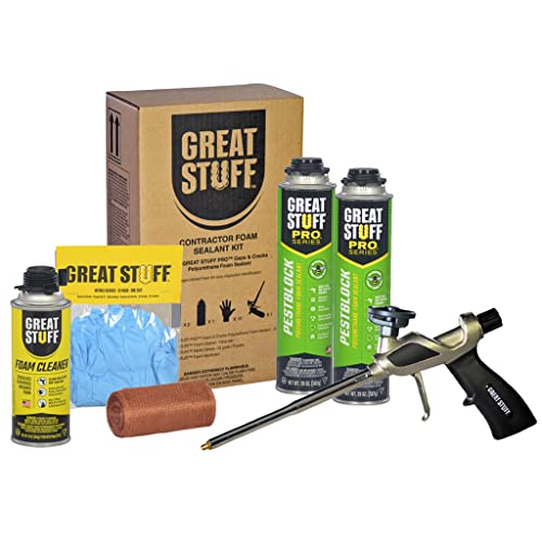 Great Stuff Foam Sealant Kit - Great Stuff Pro Pestblock 20oz, Great Stuff Foam Gun, Great Stuff Gun Cleaner 12oz, Great Stuff Gloves, Copper Mesh. Green Color, Spray Foam Insulation