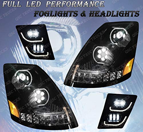QSC Truck Parts Full LED Performance Black Headlights w/ Sequential Turn Signals + LED Fog Light LH RH Set Compatible with Volvo VNL 04-17