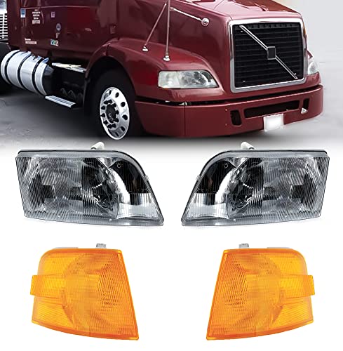 Torque PAIR Headlight (With ALL Bulbs) with Turn Signal Light (Without Bulbs) SET Replacement for 1999-2011 Volvo VNM and 1996-2003 VN VNL Semi Trucks DOT SAE Approved (TR013, TR014)