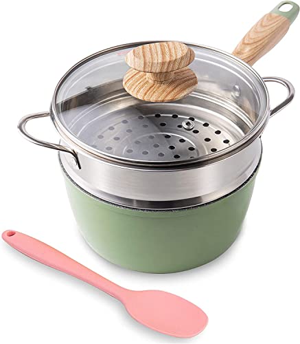 ROCKURWOK 2.5 Quart Green Nonstick Saucepan with Steamer, Bakelite Handle | Pour Spout, Compatible with All Stovetops (Gas, Electric & Induction), Green