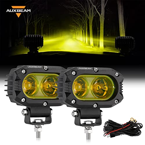 LED Amber Fog Light, Auxbeam 4Inch 60W Led Amber Driving Offroad Lights Super Bright Amber Light Pod with Wiring Harness Kit Yellow Flood Beam Pod Light for Truck SUV ATV UTV Jeep Wrangler Motorcycle