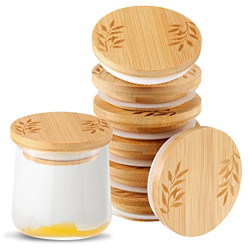 Yogurt Jar Lids Set Bamboo Jar Lids Wooden Lids Compatible with Oui Yogurt Jars Round Reusable Canning Lids Covers for Yogurt Jars with Silicone Sealing Rings for Yogurt Food Storage (6)