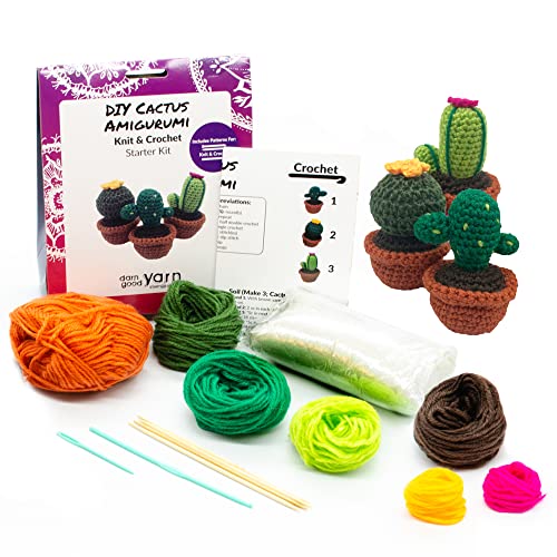 Darn Good Yarn - Cactus DIY Crochet Amigurumi - Crochet Kit Include Pattern, Yarn, Crochet Hook, Stuffing and Knitting Needles